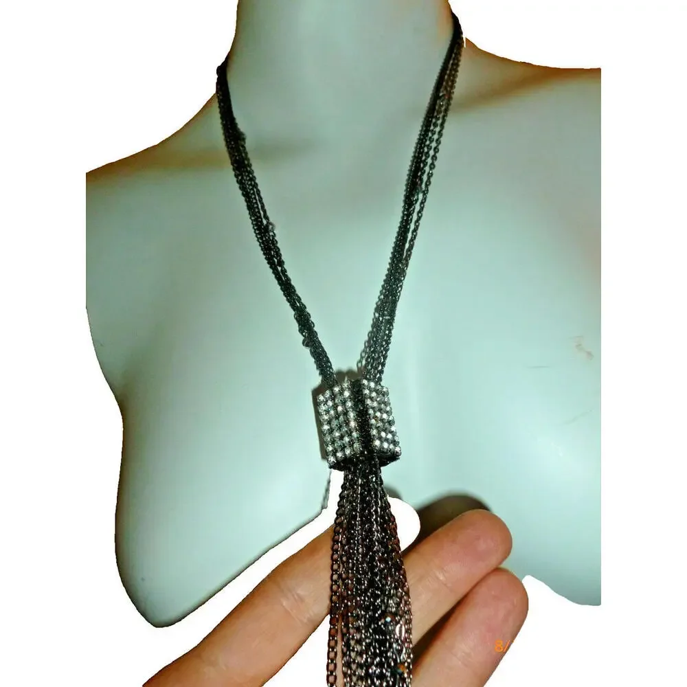 GUESS Retro Silver Tone Gunmetal Chain Tassel Long Layering Necklace 17